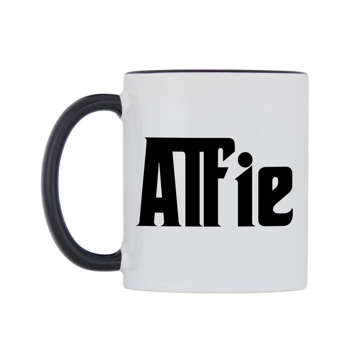 Alfie - Godfather Themed Mug — white 11oz gloss mug with a black inside and handle, right side, on a white background