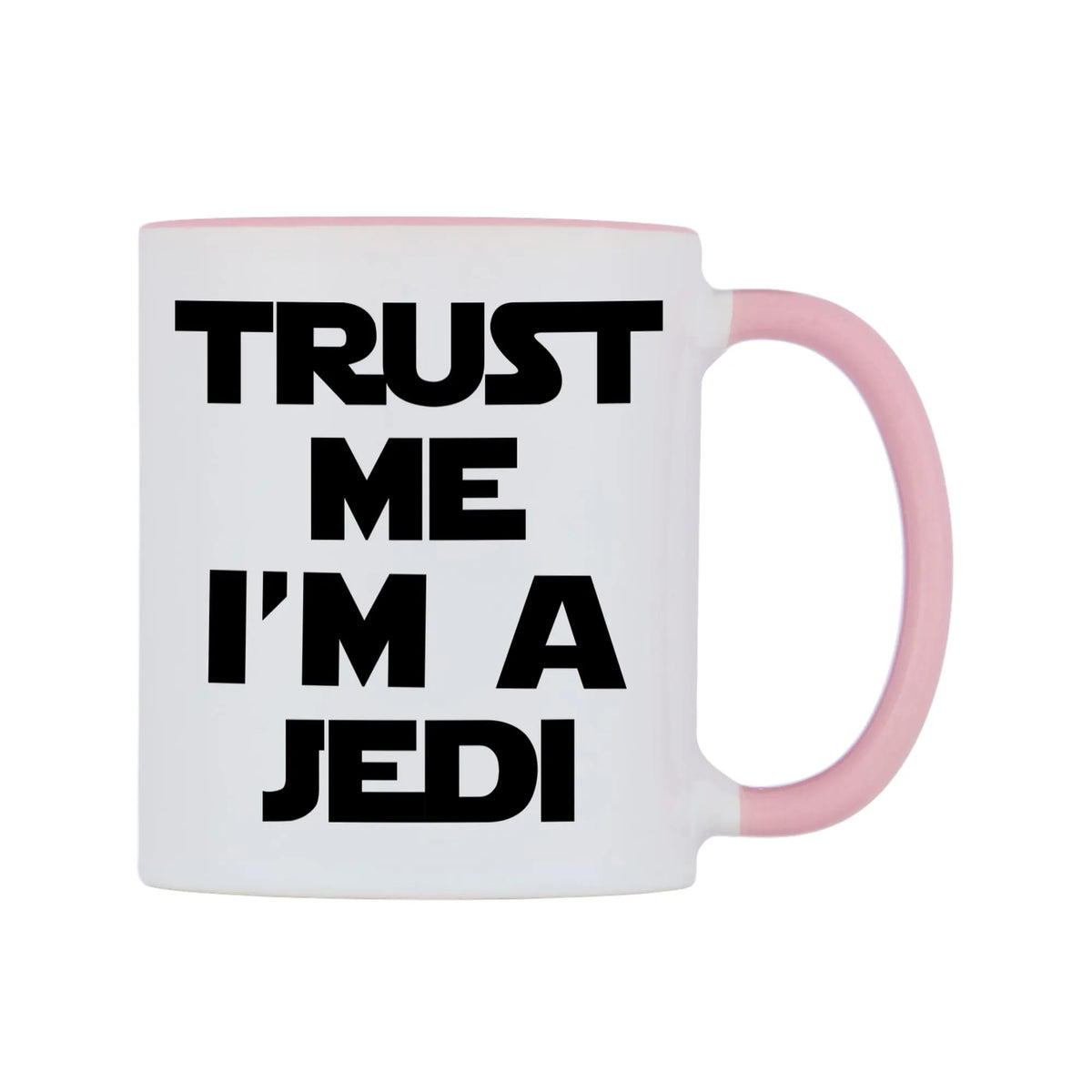Trust me I'm a Jedi Mug — white 11oz gloss mug with a pink inside and handle, left side, on a white background