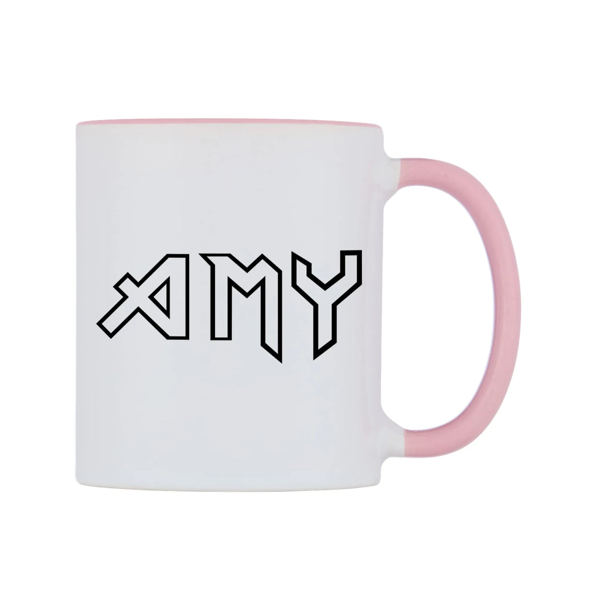 Amy - Iron Maiden Themed Mug — white 11oz gloss mug with a pink inside and handle, left side, on a white background