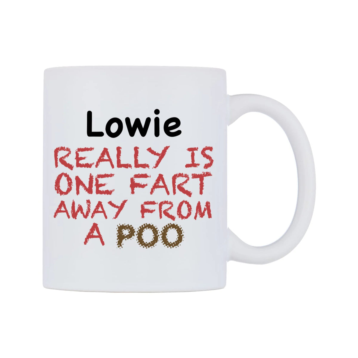 Lowie Really is ONE Fart Away from A Poo Mug — mug, left side, on a white background