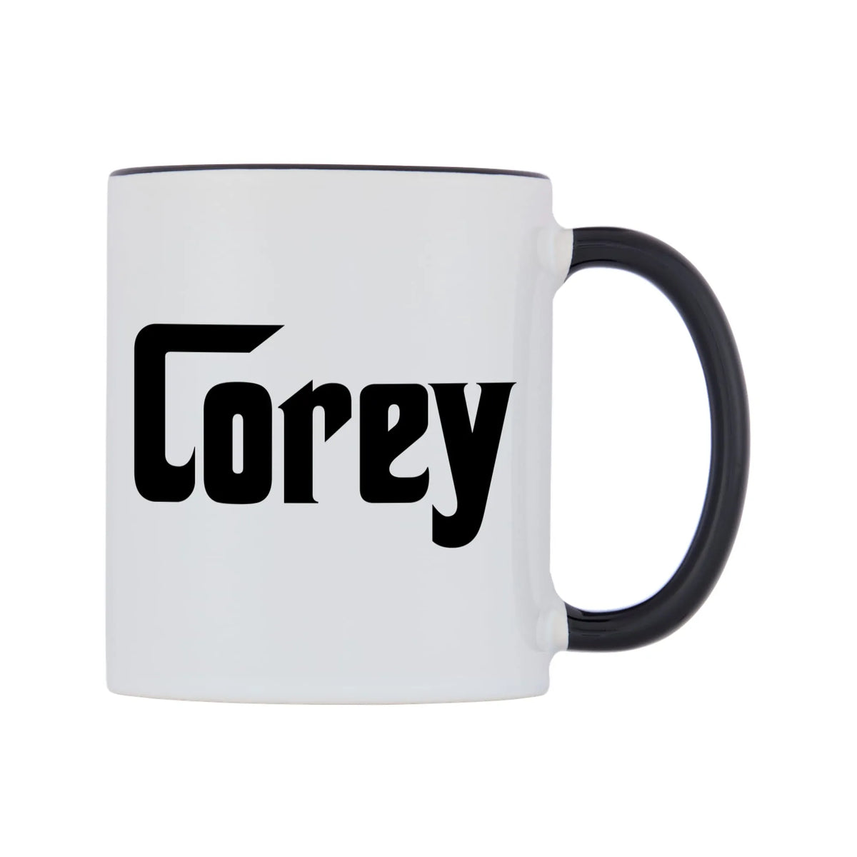 Corey - Godfather Themed Mug — white 11oz gloss mug with a black inside and handle, left side, on a white background