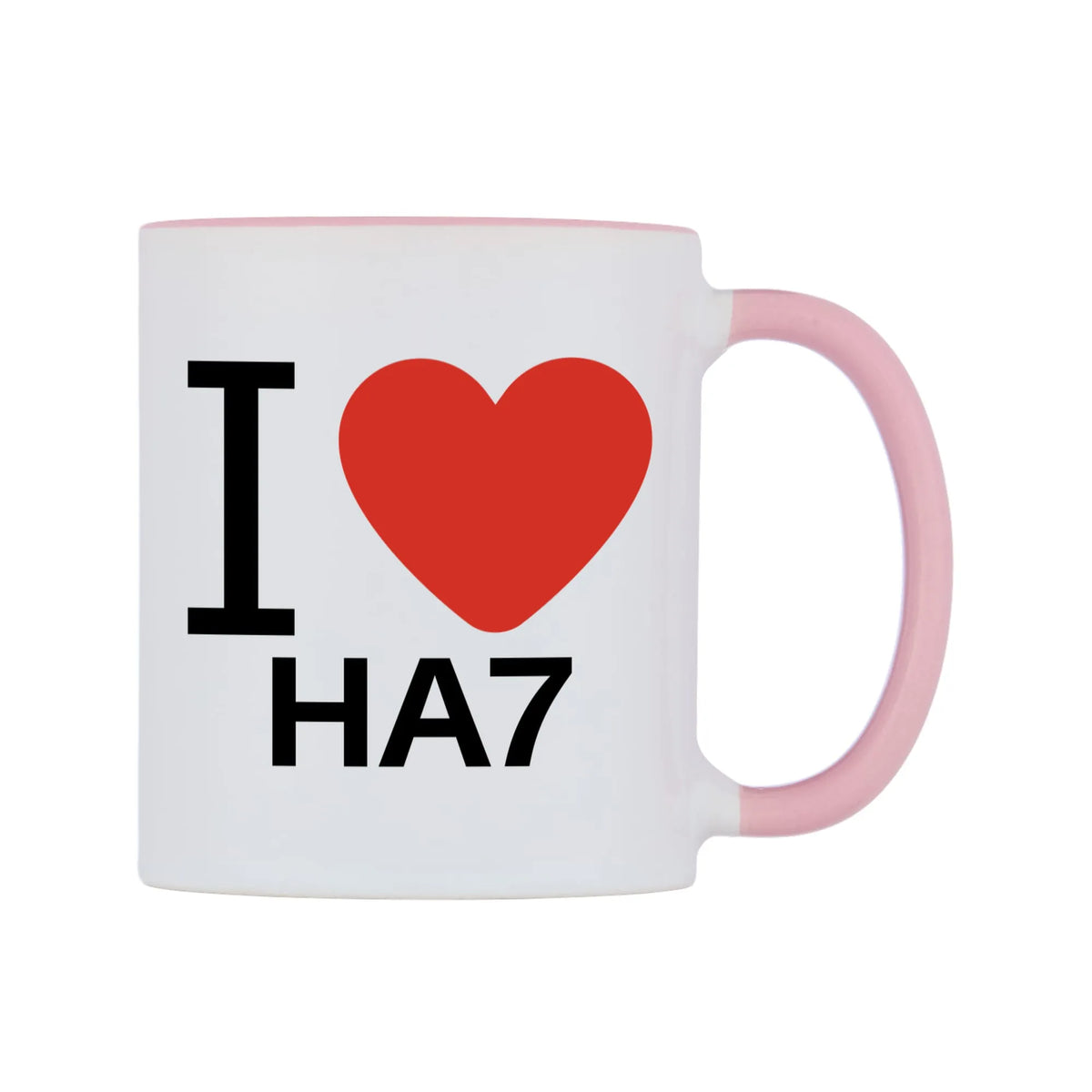 I Love HA7 Mug — white 11oz gloss mug with a pink inside and handle, left side, on a white background