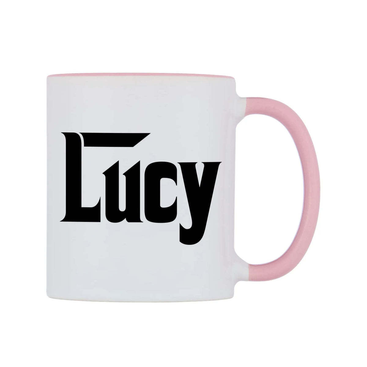 Lucy - Godfather Themed Mug — white 11oz gloss mug with a pink inside and handle, left side, on a white background