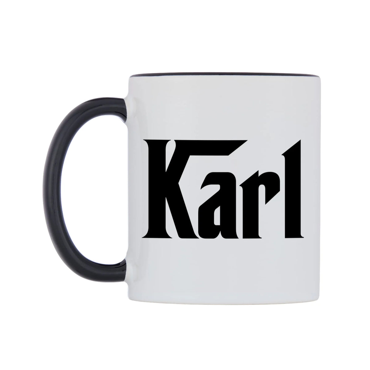 Karl - Godfather Themed Mug — white 11oz gloss mug with a black inside and handle, right side, on a white background