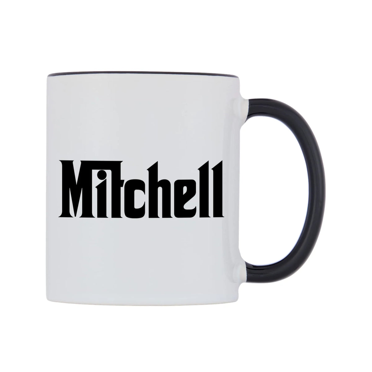 Mitchell - Godfather Themed Mug — white 11oz gloss mug with a black inside and handle, left side, on a white background