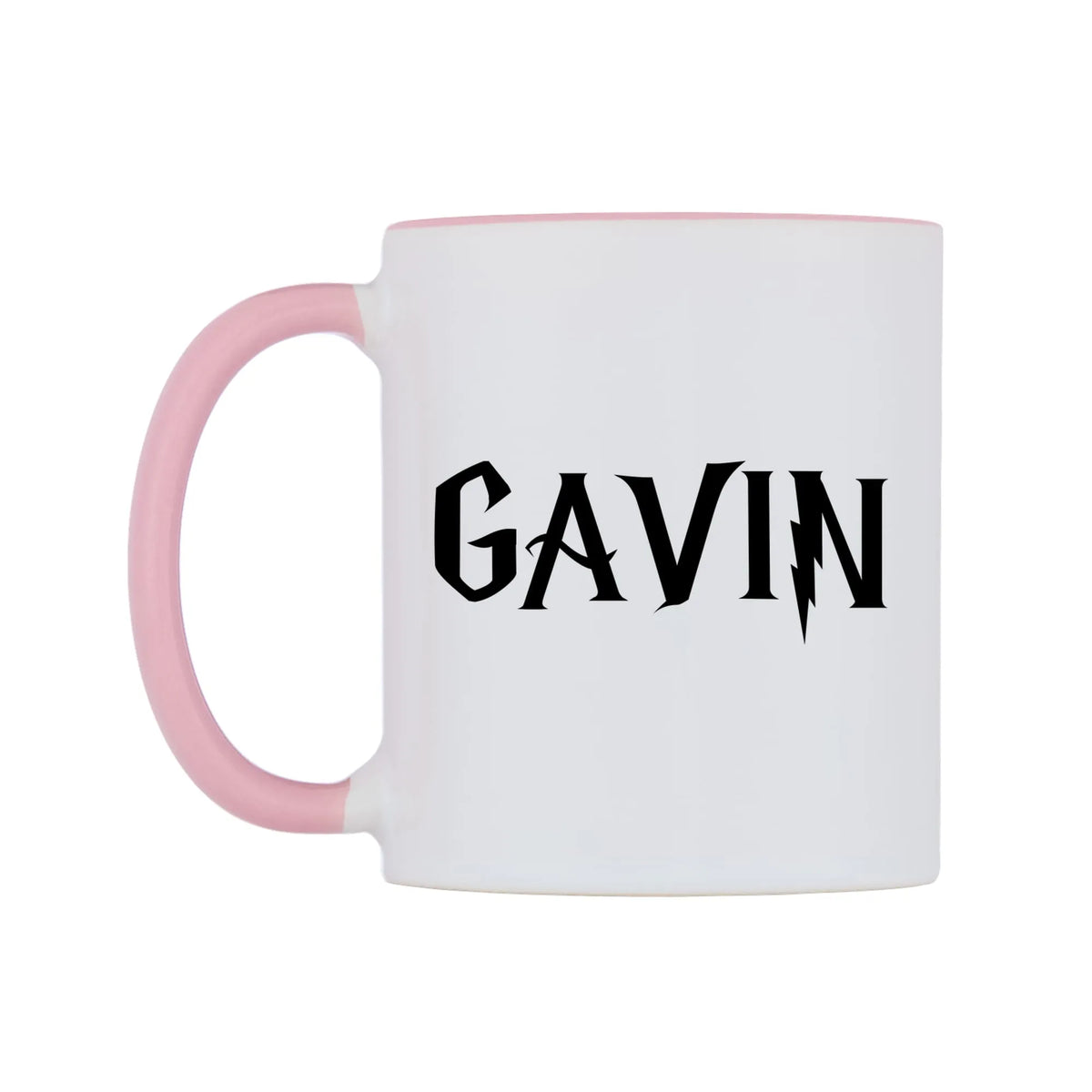 Gavin - Wizard Themed Mug — white 11oz gloss mug with a pink inside and handle, right side, on a white background