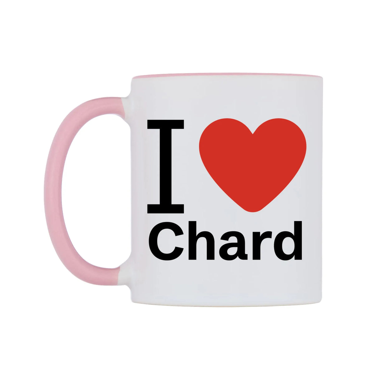 I Love Chard Mug — white 11oz gloss mug with a pink inside and handle, right side, on a white background