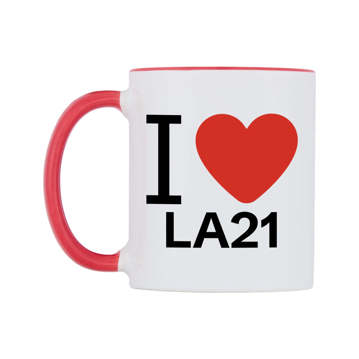 I Love LA21 Mug — white 11oz gloss mug with a red inside and handle, right side, on a white background