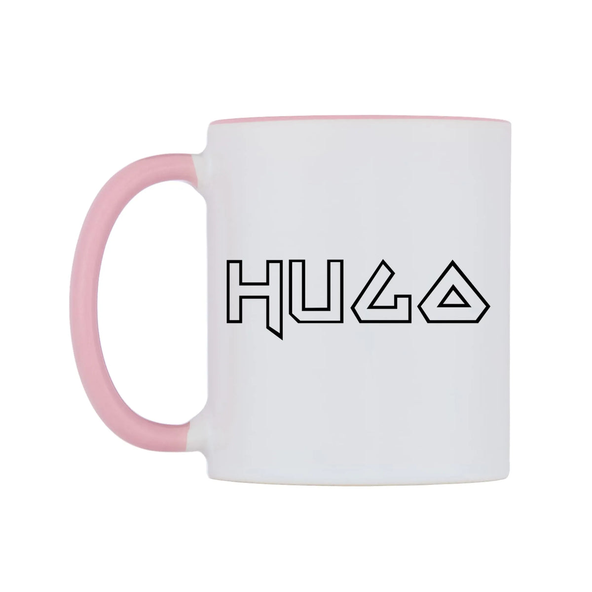 Hugo - Iron Maiden Themed Mug — white 11oz gloss mug with a pink inside and handle, right side, on a white background