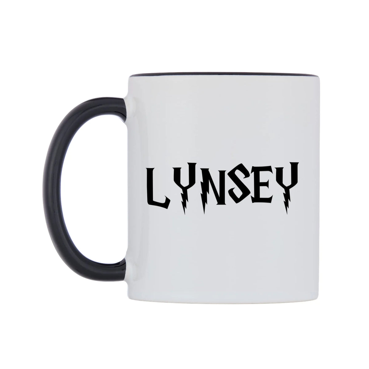 Lynsey - Wizard Themed Mug — white 11oz gloss mug with a black inside and handle, right side, on a white background