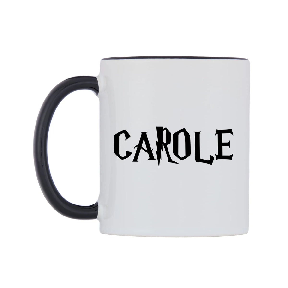 Carole - Wizard Themed Mug — white 11oz gloss mug with a black inside and handle, right side, on a white background