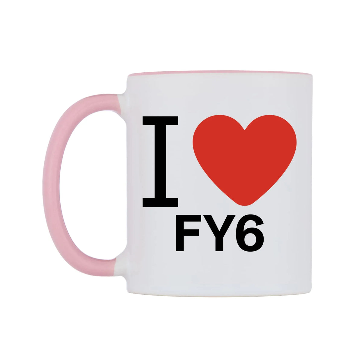 I Love FY6 Mug — white 11oz gloss mug with a pink inside and handle, right side, on a white background