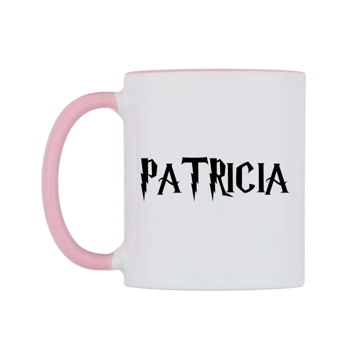 Patricia - Wizard Themed Mug — white 11oz gloss mug with a pink inside and handle, right side, on a white background
