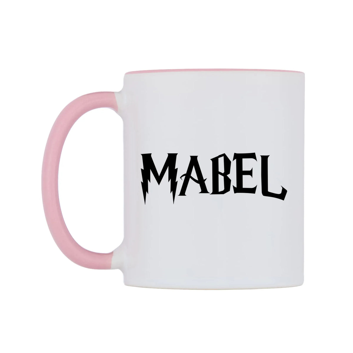 Mabel - Wizard Themed Mug — white 11oz gloss mug with a pink inside and handle, right side, on a white background