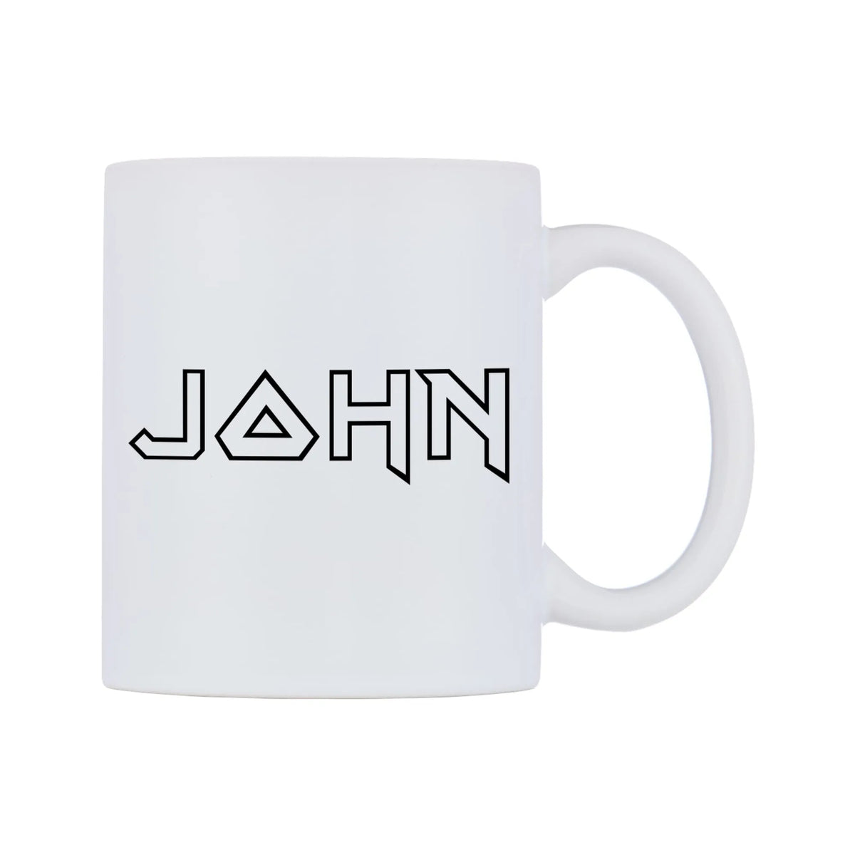 John - Iron Maiden Themed Mug — white 11oz gloss mug, left side, on a white background