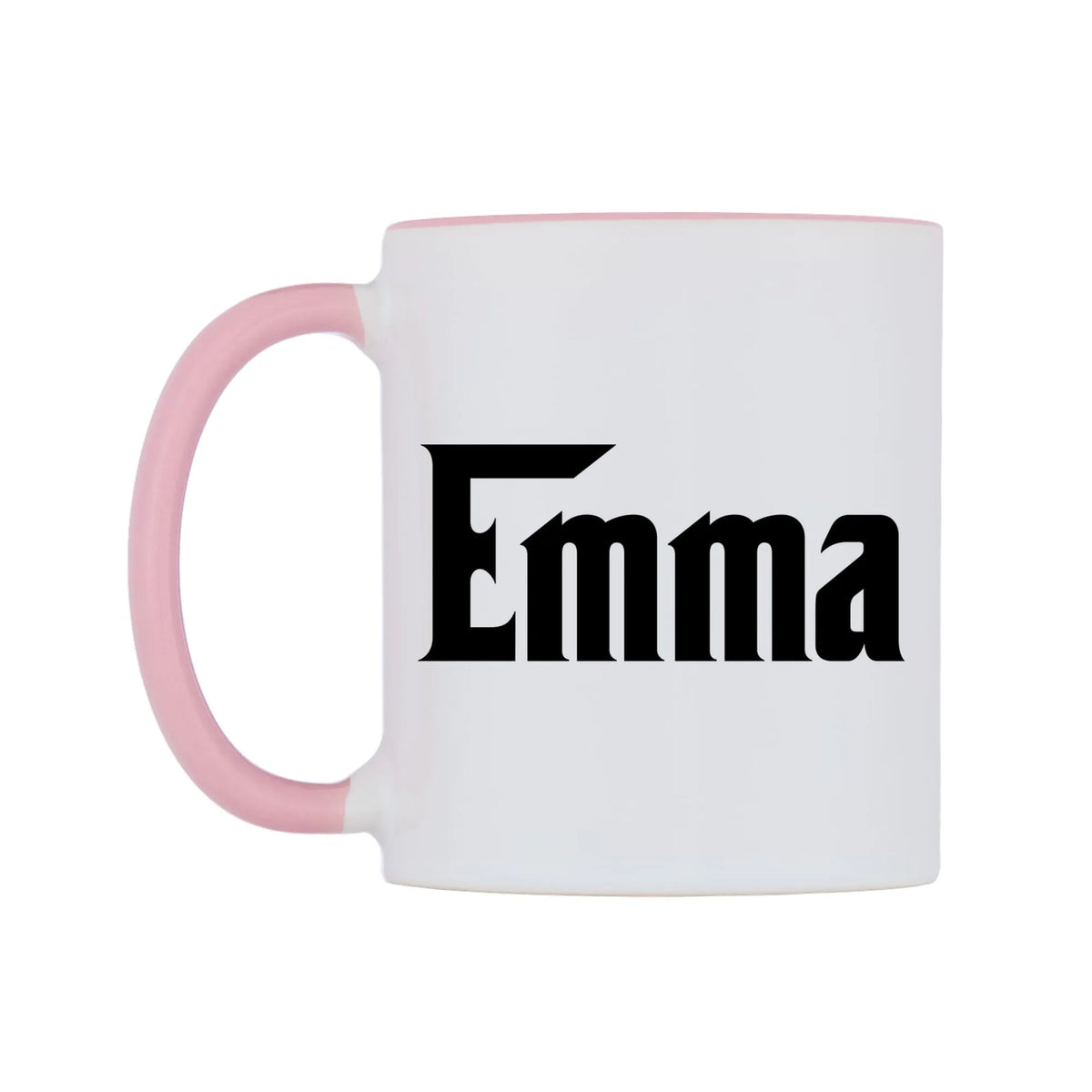 Emma - Godfather Themed Mug — white 11oz gloss mug with a pink inside and handle, right side, on a white background