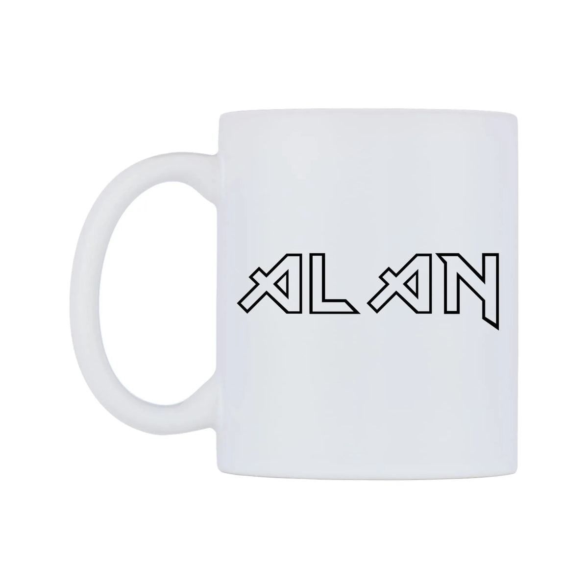 Alan - Iron Maiden Themed Mug — white 11oz gloss mug, right side, on a white background