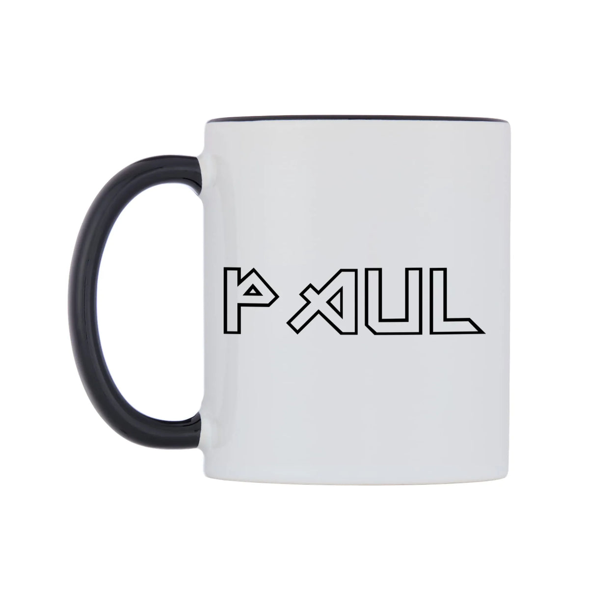 Paul - Iron Maiden Themed Mug — white 11oz gloss mug with a black inside and handle, right side, on a white background
