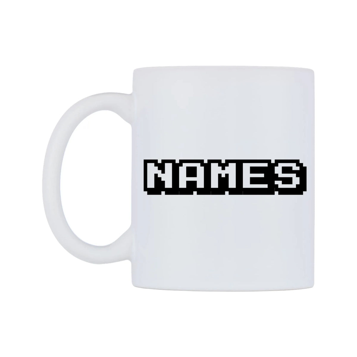 Personalised Arcade Themed Font Names Mug — white 11oz gloss mug, right side, on a white background