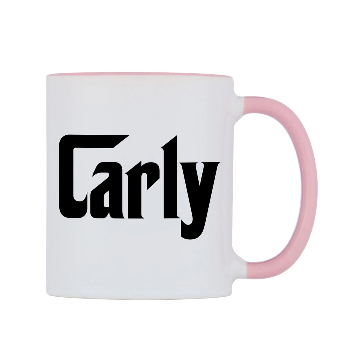 Carly - Godfather Themed Mug — white 11oz gloss mug with a pink inside and handle, left side, on a white background