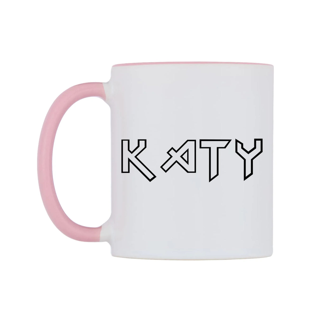 Katy - Iron Maiden Themed Mug — white 11oz gloss mug with a pink inside and handle, right side, on a white background
