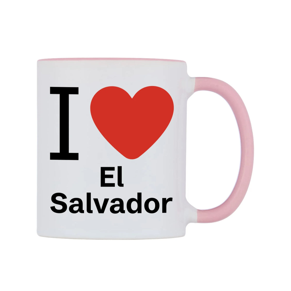 I Love El Salvador Mug — white 11oz gloss mug with a pink inside and handle, left side, on a white background
