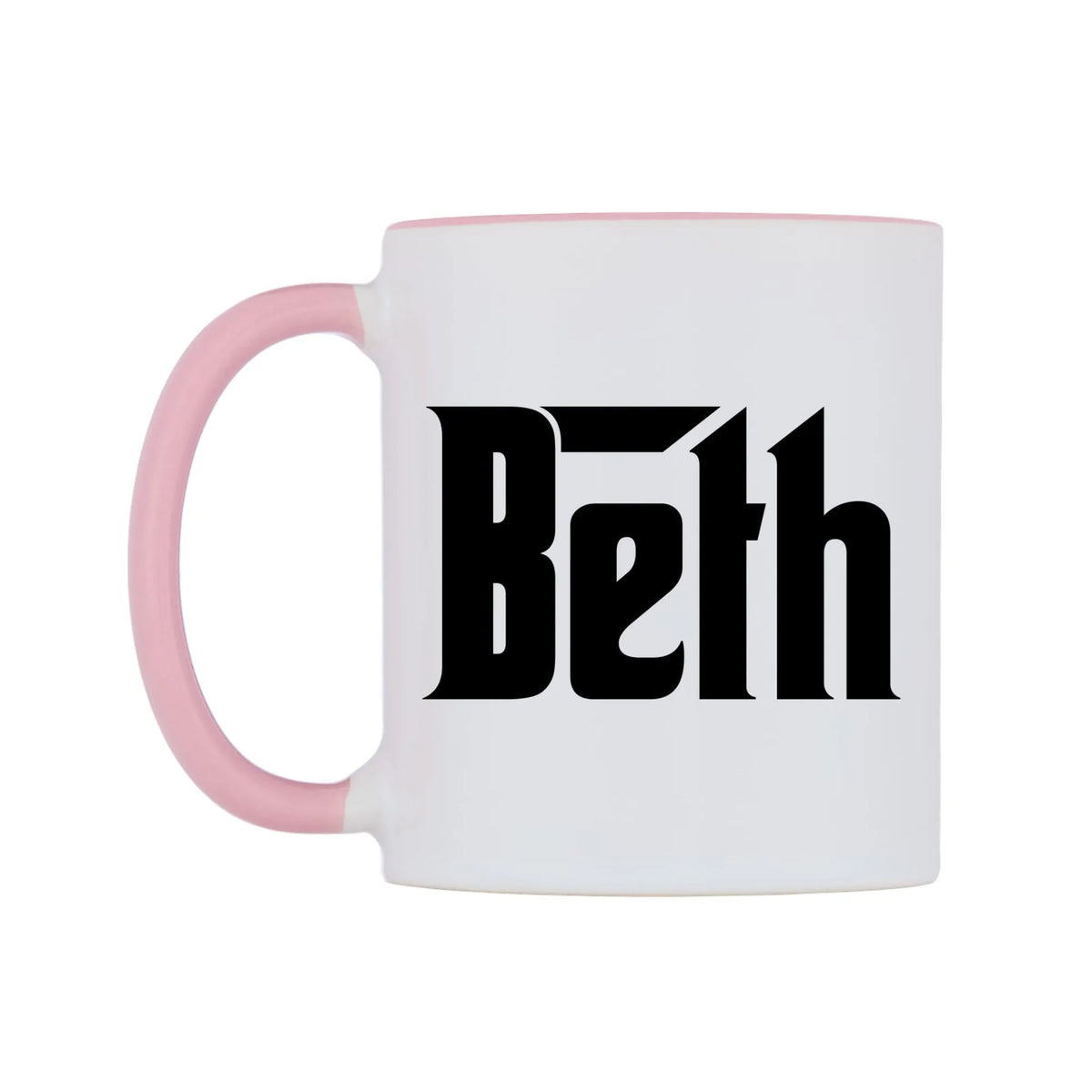 Beth - Godfather Themed Mug — white 11oz gloss mug with a pink inside and handle, right side, on a white background