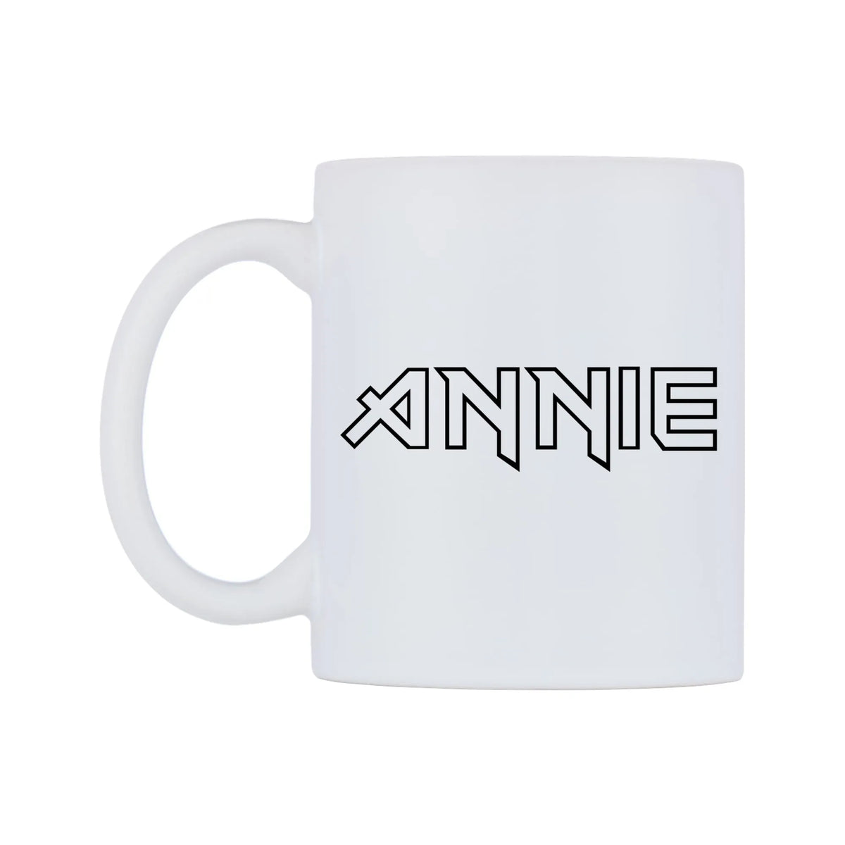 Annie - Iron Maiden Themed Mug — white 11oz gloss mug, right side, on a white background