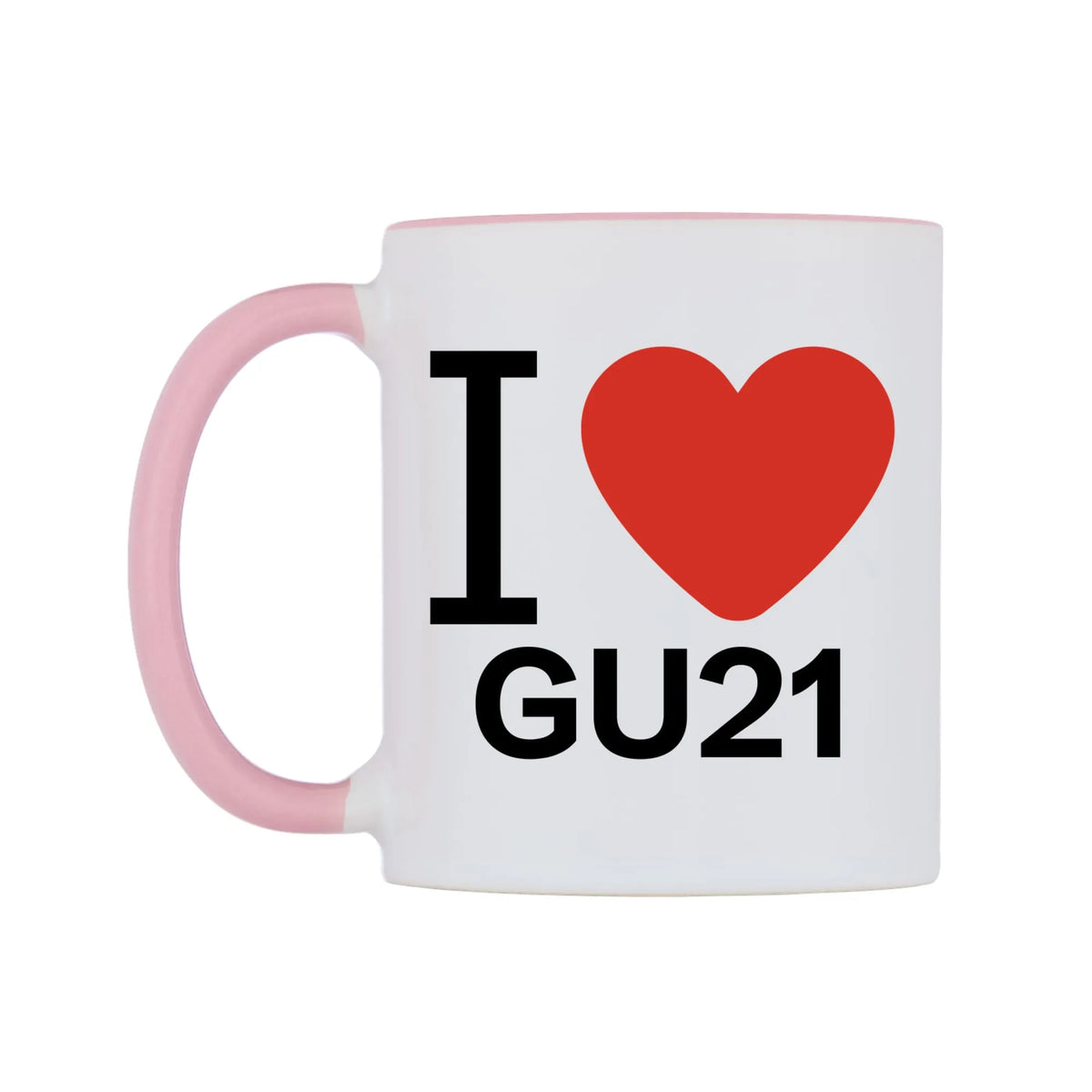 I Love GU21 Mug — white 11oz gloss mug with a pink inside and handle, right side, on a white background