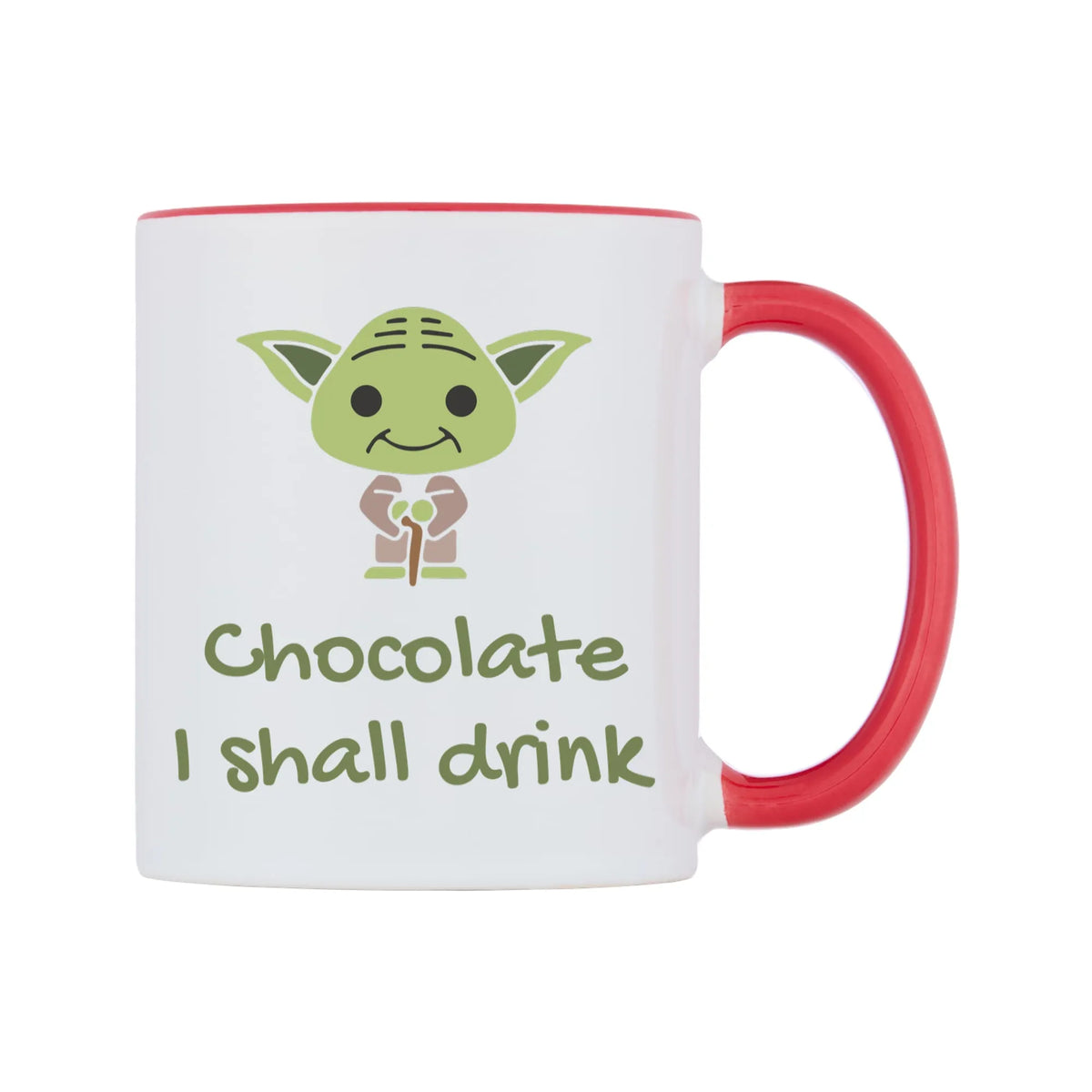 Chocolate I shall drink Mug — white 11oz gloss mug with a red inside and handle, left side, on a white background