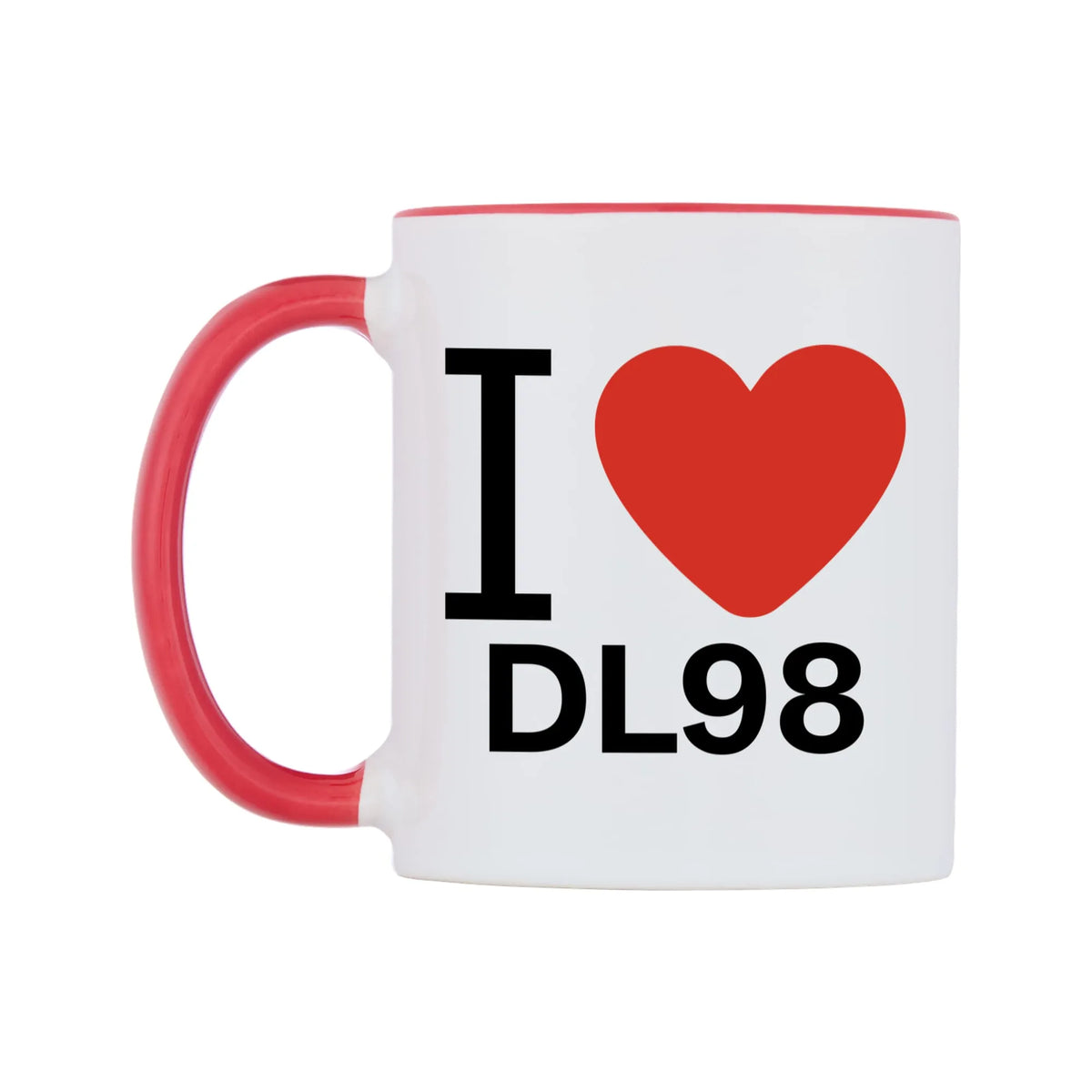 I Love DL98 Mug — white 11oz gloss mug with a red inside and handle, right side, on a white background