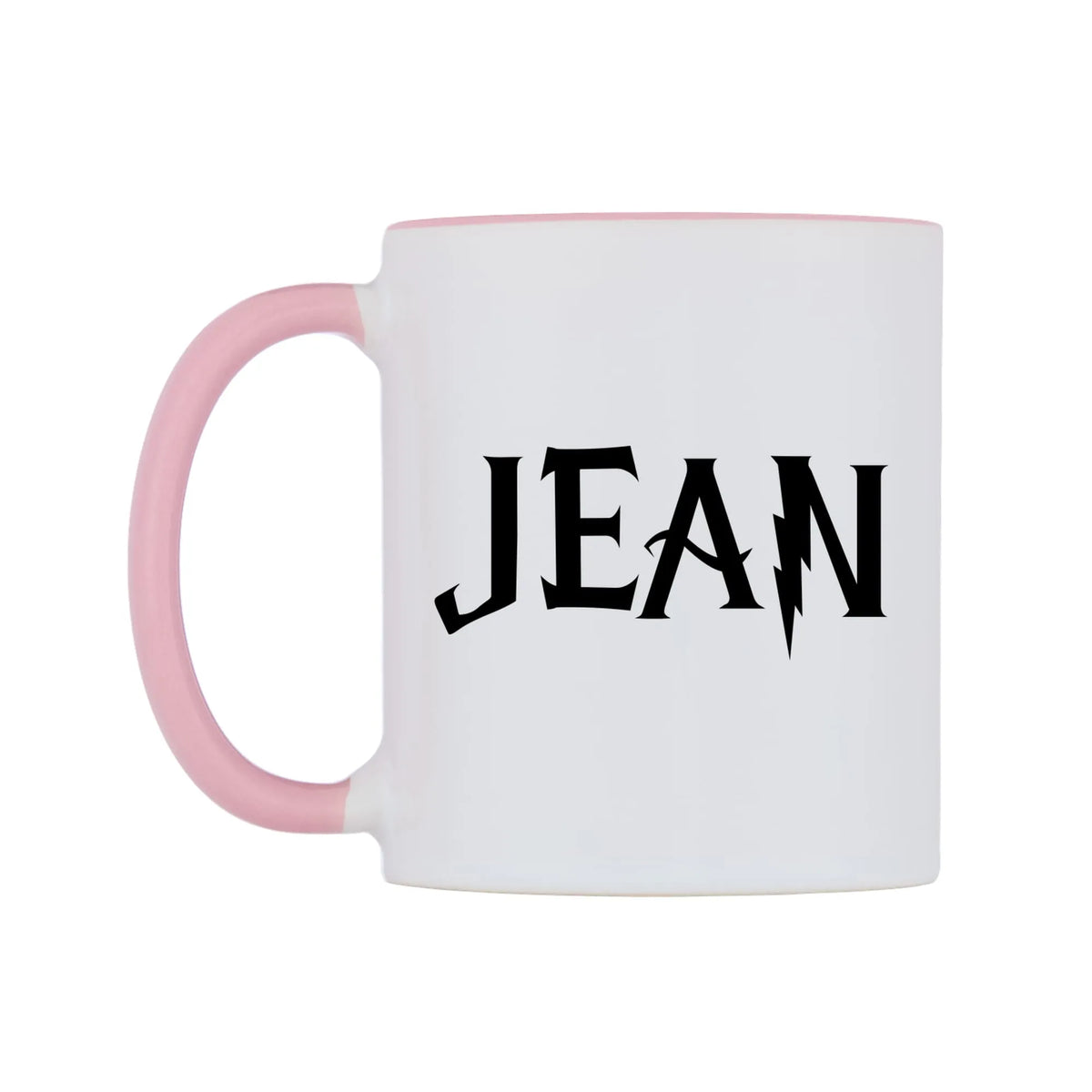 Jean - Wizard Themed Mug — white 11oz gloss mug with a pink inside and handle, right side, on a white background