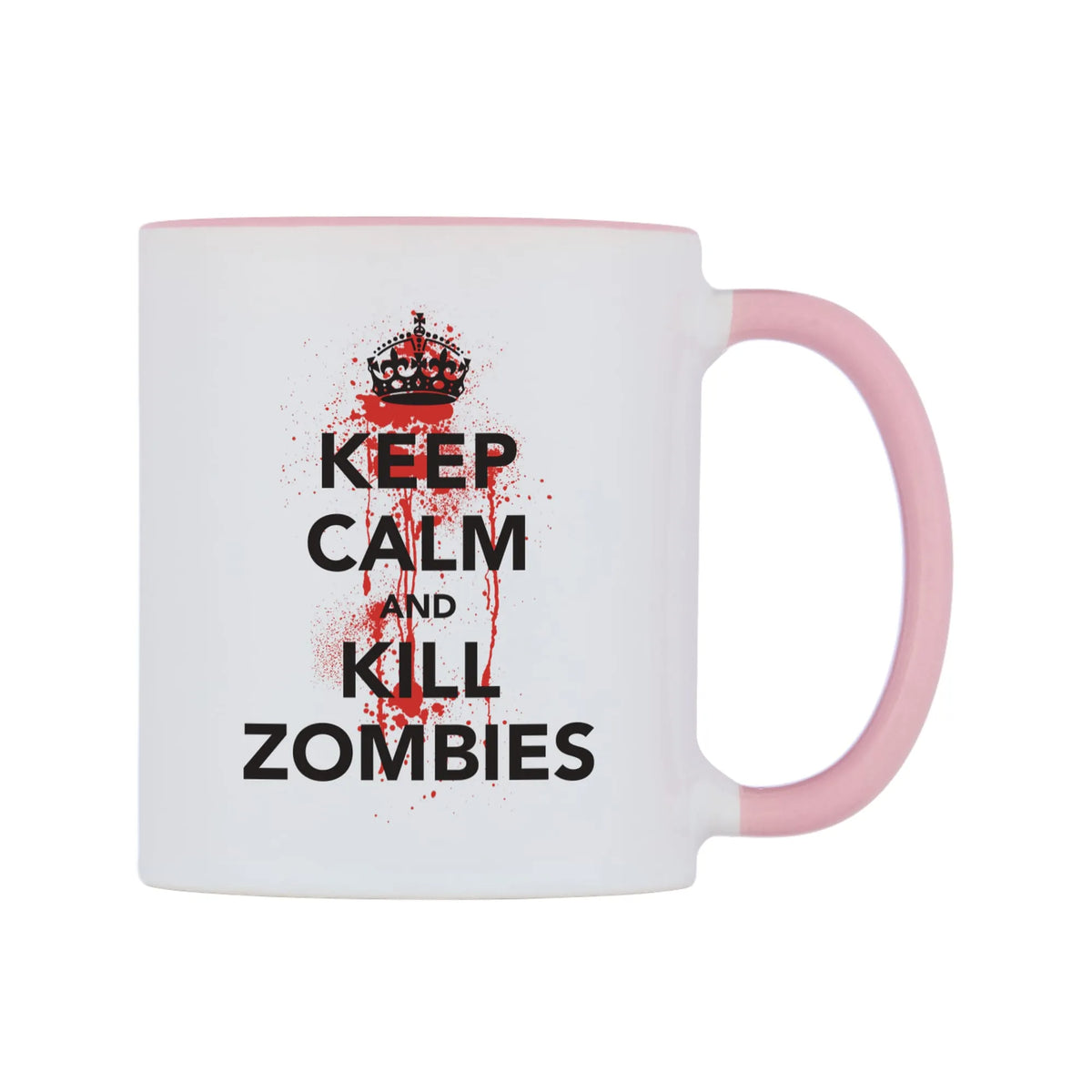 Keep Calm And Kill Zombies Mug — white 11oz gloss mug with a pink inside and handle, left side, on a white background