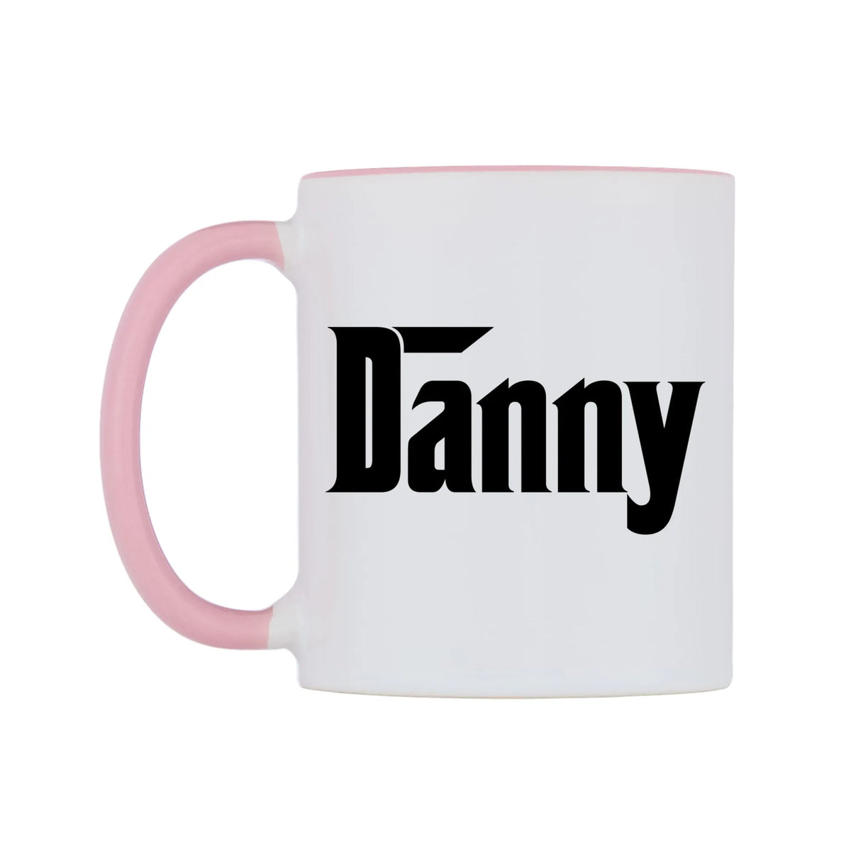 Danny - Godfather Themed Mug — white 11oz gloss mug with a pink inside and handle, right side, on a white background