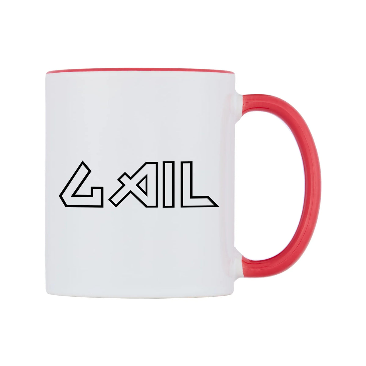 Gail - Iron Maiden Themed Mug — white 11oz gloss mug with a red inside and handle, left side, on a white background