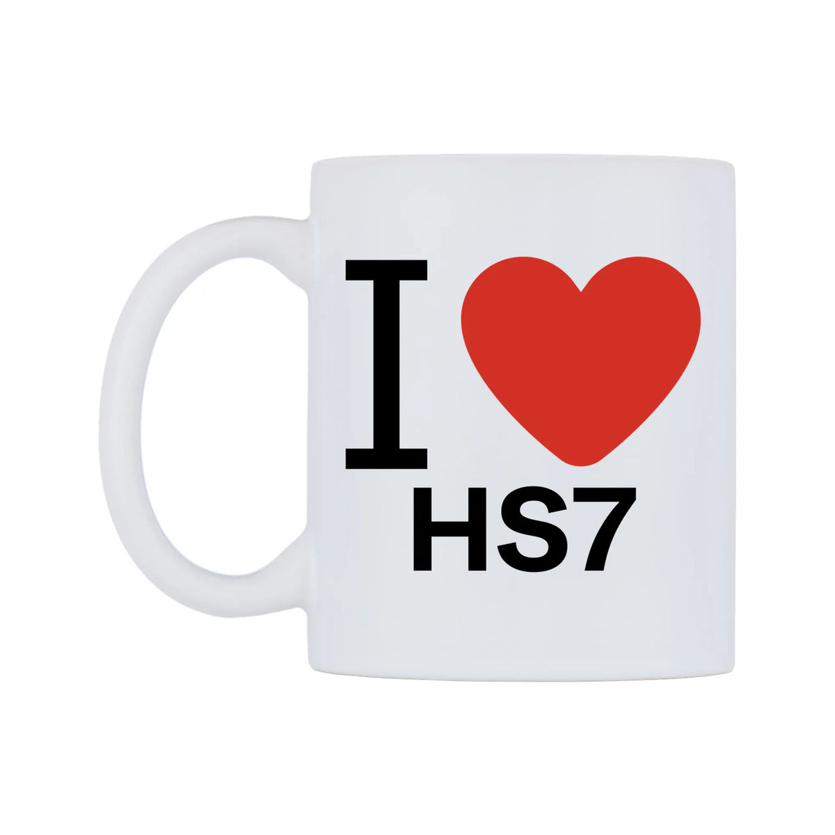 I Love HS7 Mug — white 11oz gloss mug, right side, on a white background