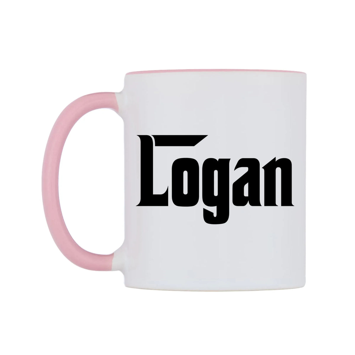 Logan - Godfather Themed Mug — white 11oz gloss mug with a pink inside and handle, right side, on a white background