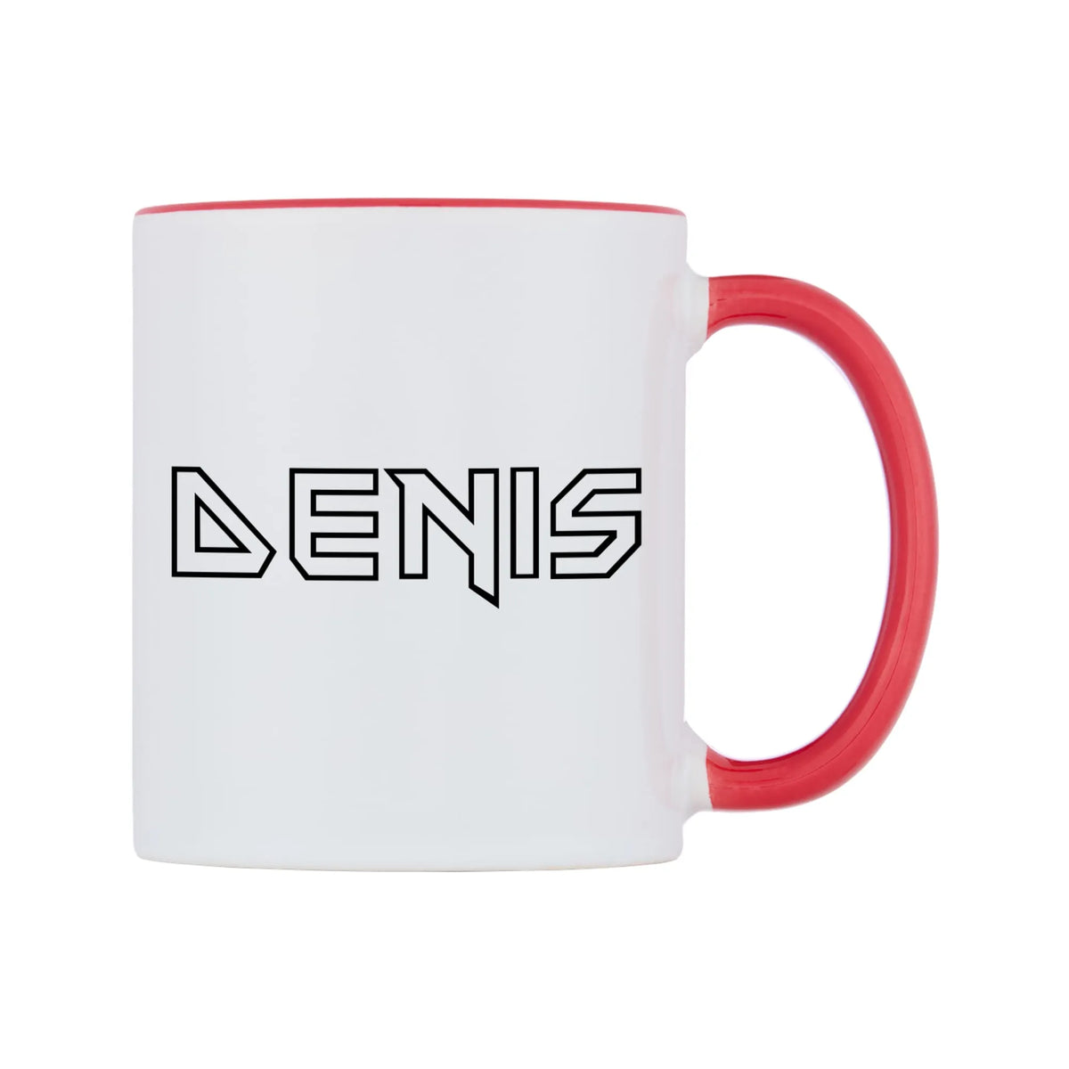 Denis - Iron Maiden Themed Mug — white 11oz gloss mug with a red inside and handle, left side, on a white background