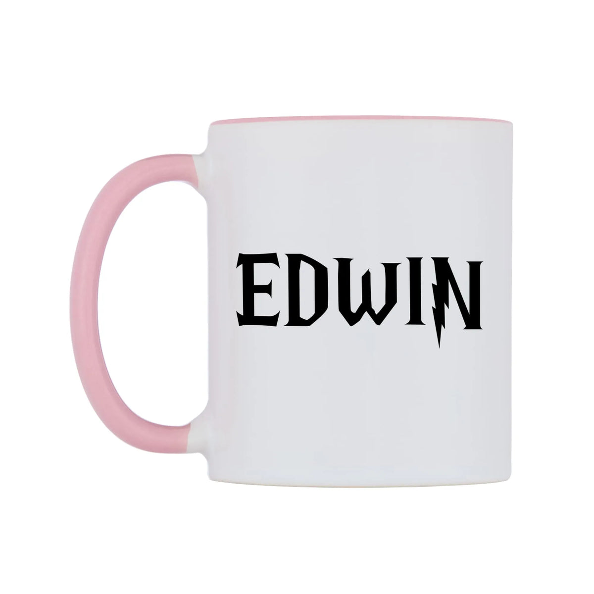 Edwin - Wizard Themed Mug — white 11oz gloss mug with a pink inside and handle, right side, on a white background