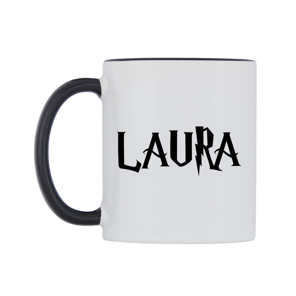 Laura - Wizard Themed Mug — white 11oz gloss mug with a black inside and handle, right side, on a white background
