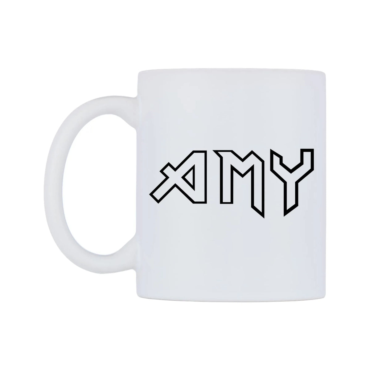 Amy - Iron Maiden Themed Mug — white 11oz gloss mug, right side, on a white background