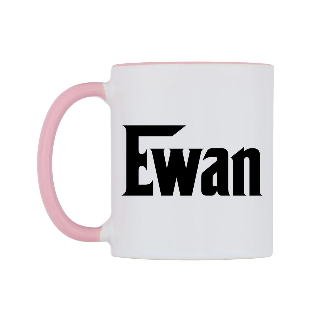 Ewan - Godfather Themed Mug — white 11oz gloss mug with a pink inside and handle, right side, on a white background