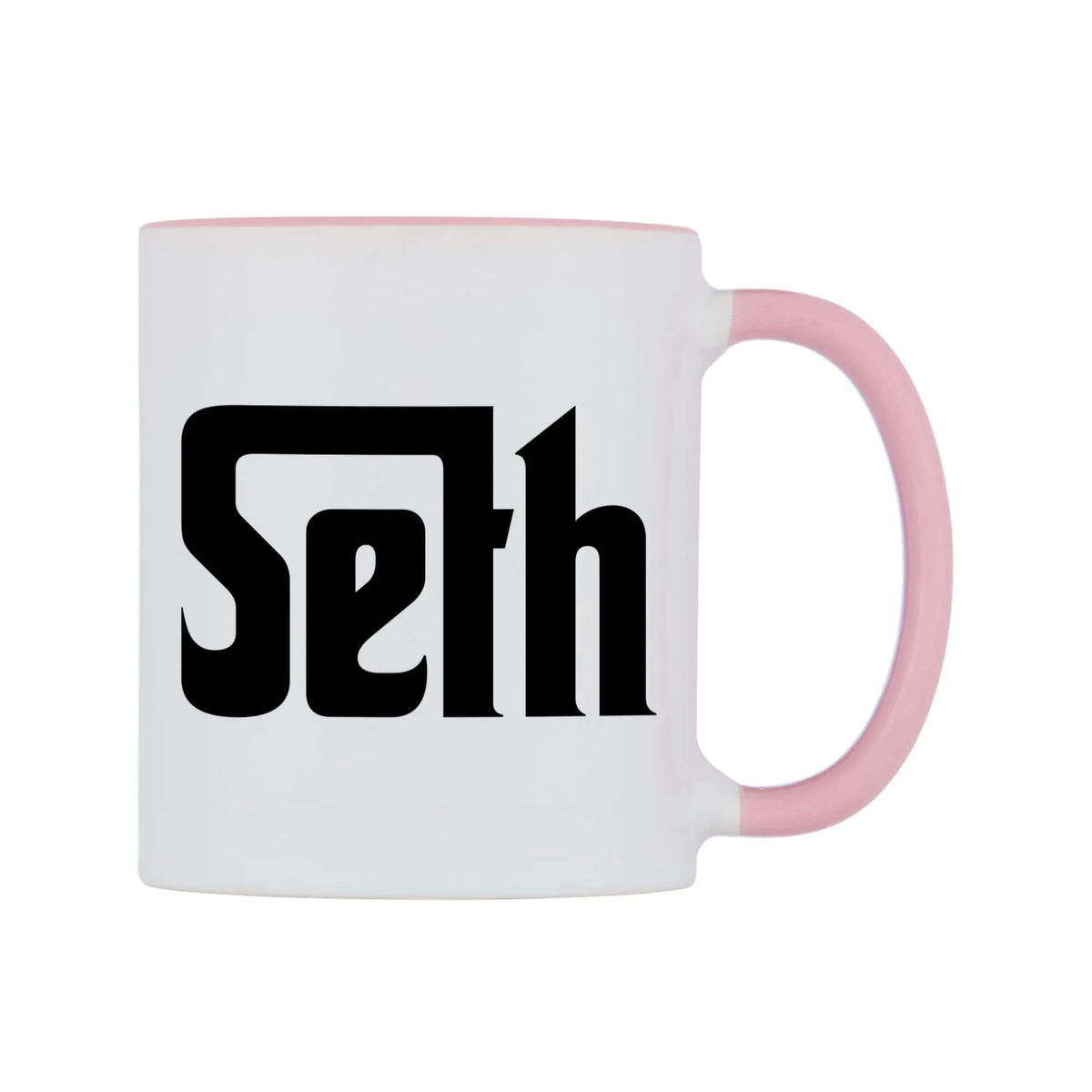 Seth - Godfather Themed Mug — white 11oz gloss mug with a pink inside and handle, left side, on a white background