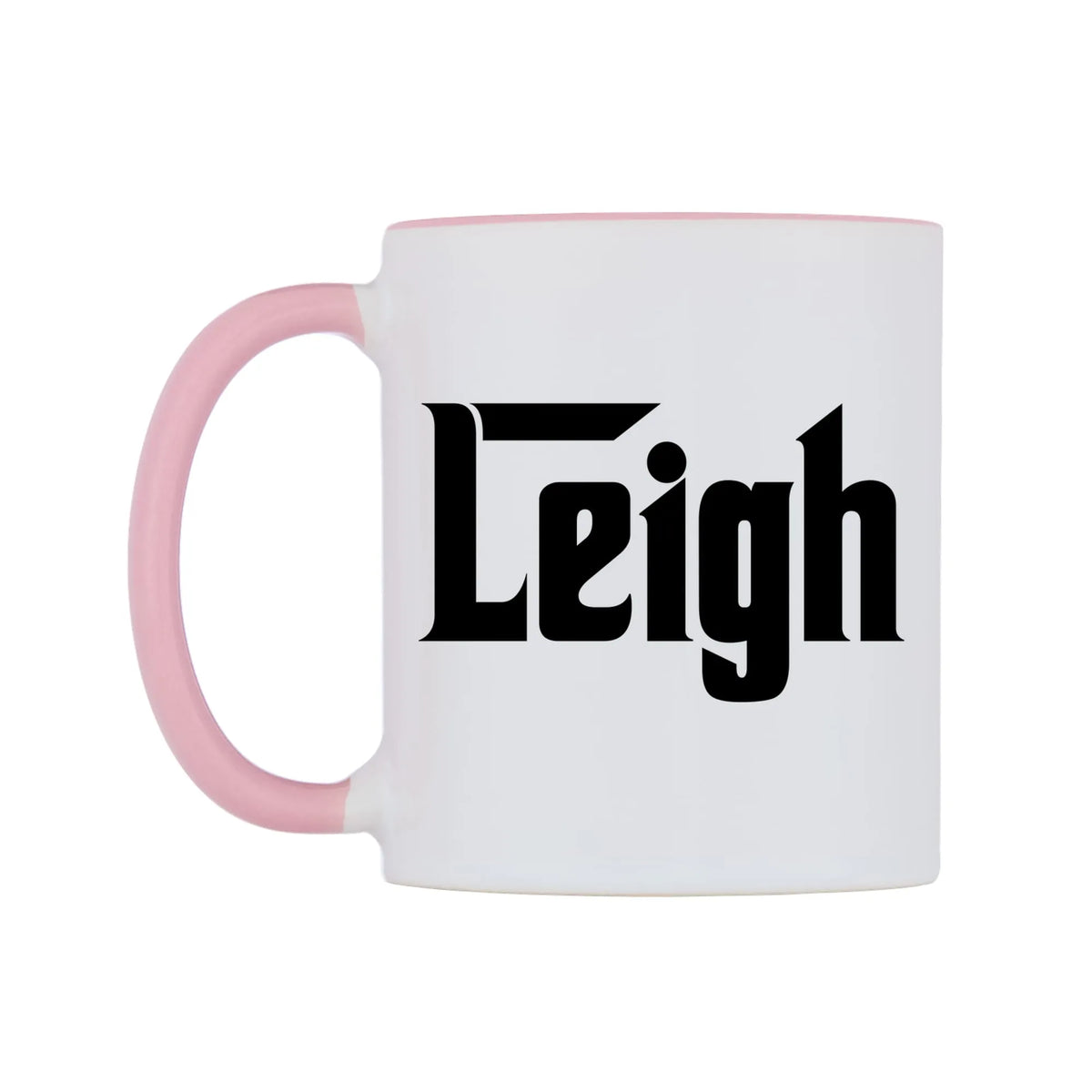 Leigh - Godfather Themed Mug — white 11oz gloss mug with a pink inside and handle, right side, on a white background