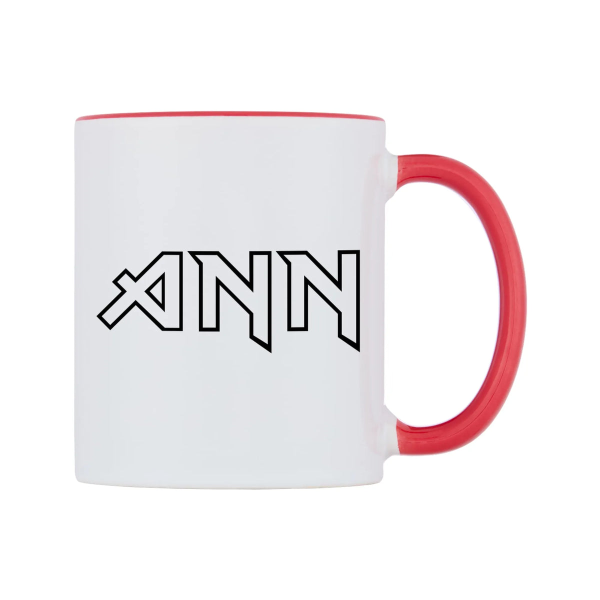 Ann - Iron Maiden Themed Mug — white 11oz gloss mug with a red inside and handle, left side, on a white background