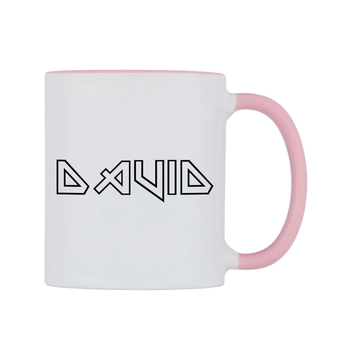 David - Iron Maiden Themed Mug — white 11oz gloss mug with a pink inside and handle, left side, on a white background