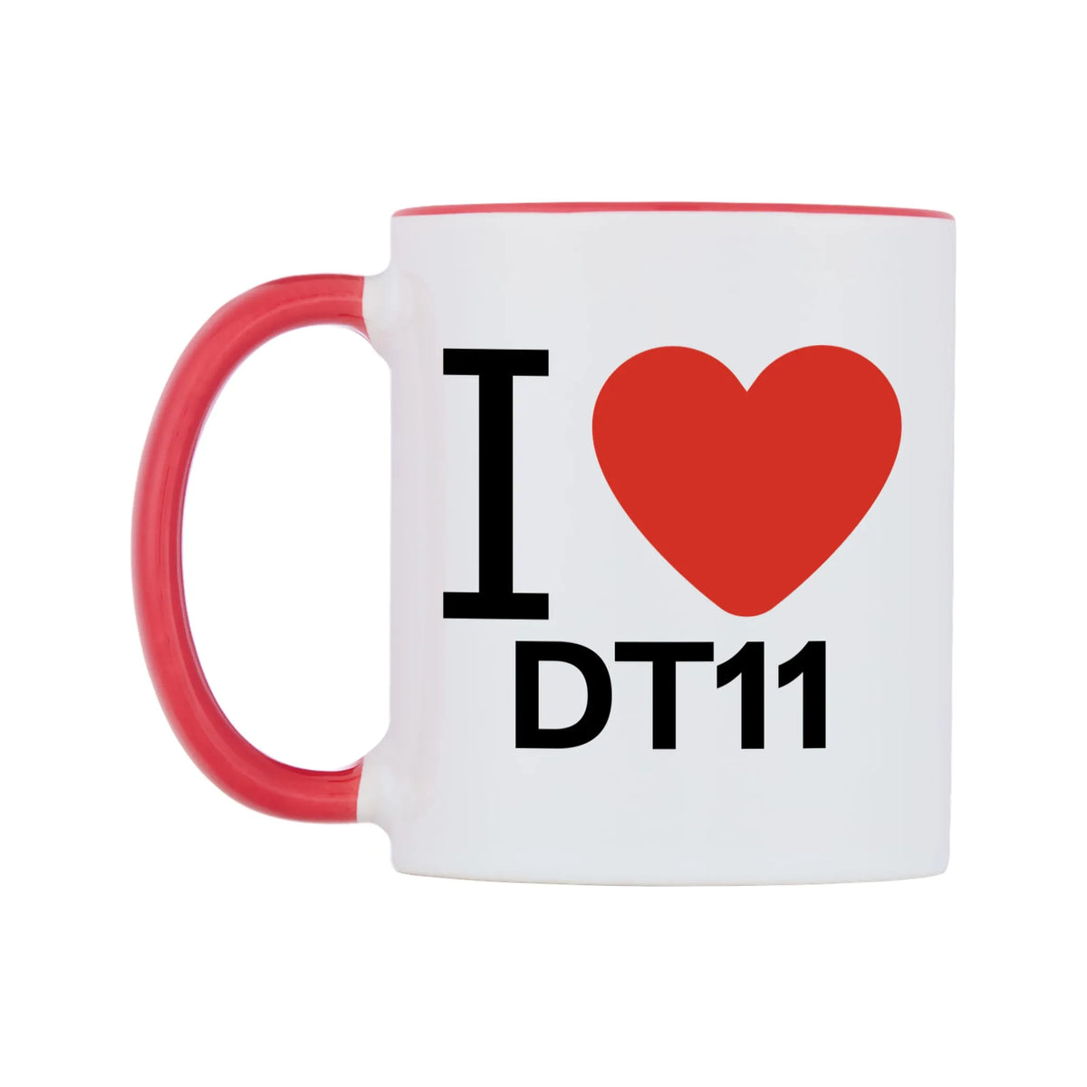 I Love DT11 Mug — white 11oz gloss mug with a red inside and handle, right side, on a white background