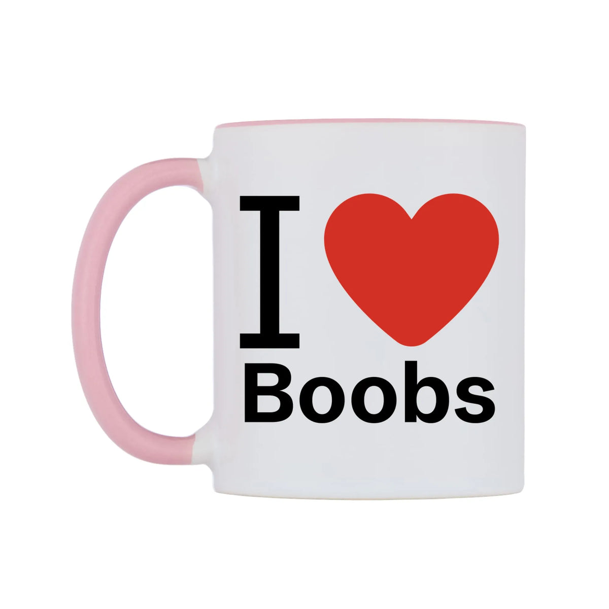 I Love Boobs Mug — white 11oz gloss mug with a pink inside and handle, right side, on a white background
