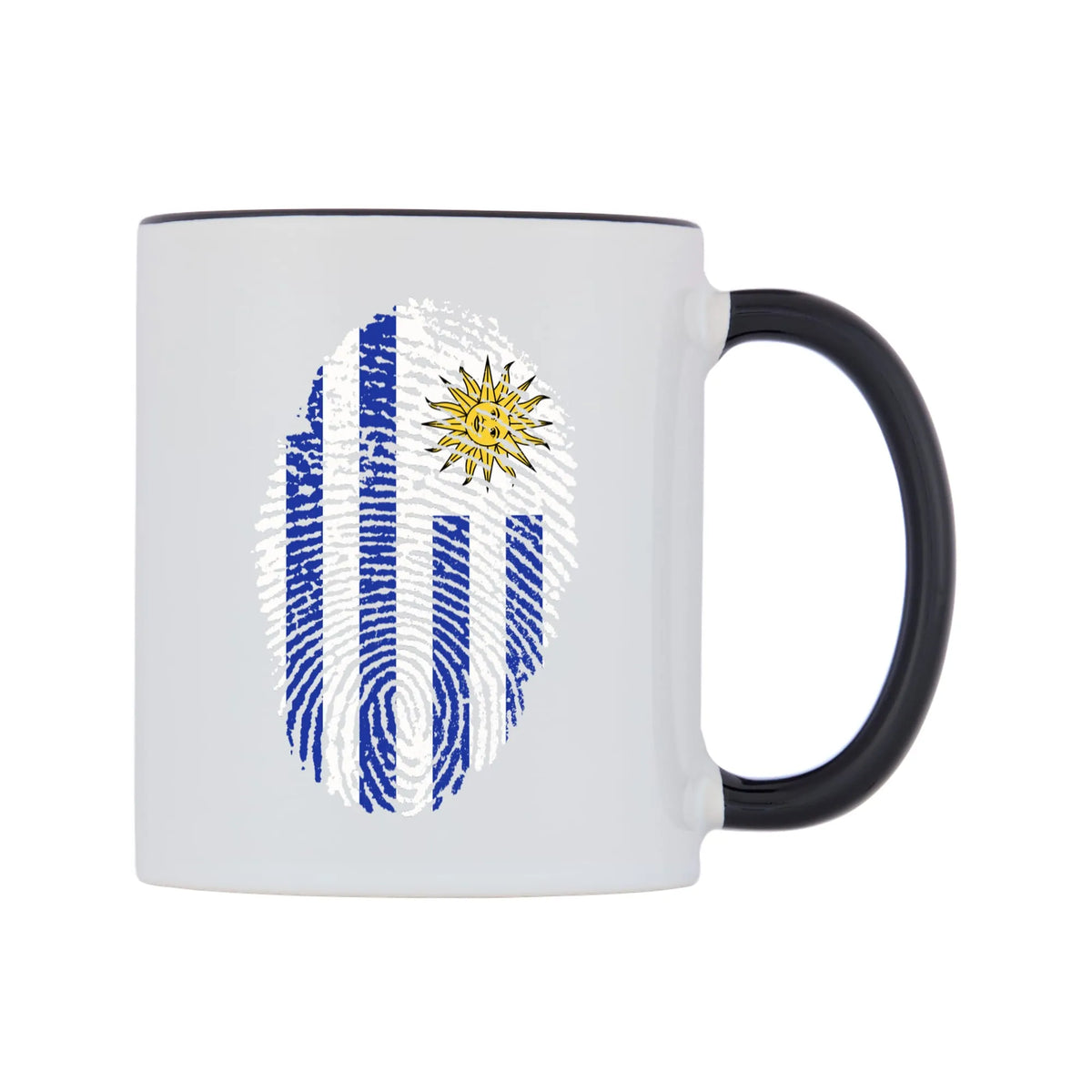 Uruguay Finger Print Flag Mug — white 11oz gloss mug with a black inside and handle, left side, on a white background