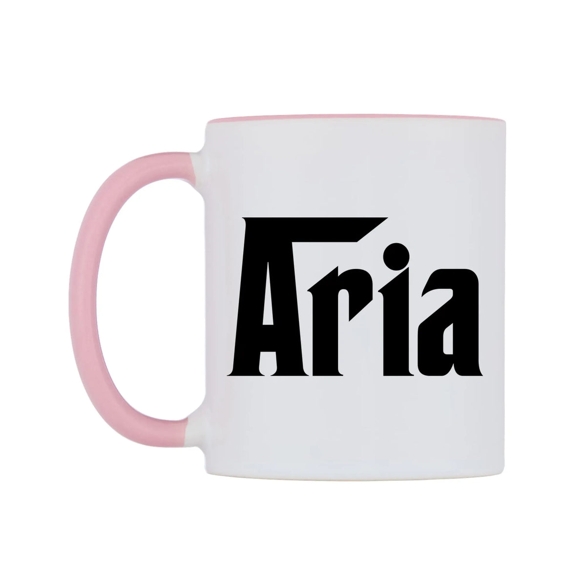 Aria - Godfather Themed Mug — white 11oz gloss mug with a pink inside and handle, right side, on a white background